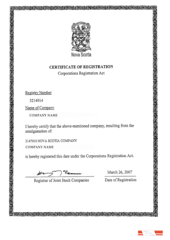 Nova Scotia Certificate of Registration